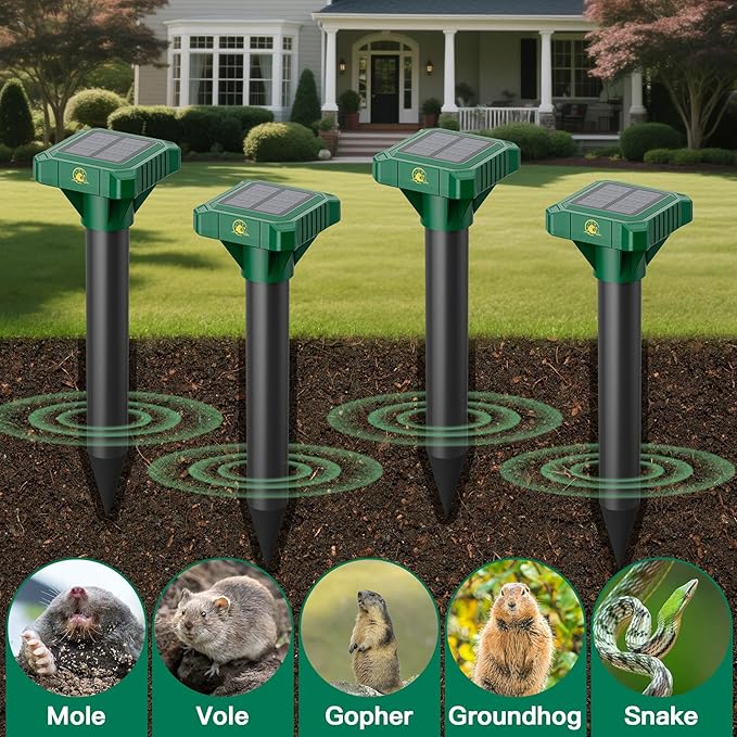 4 Pack Mole Repellent Solar Powered Vibrating Solar Mole Repellent Stakes for Voles Groundhogs Snakes &amp Gophers IP65 Waterproof Mole Deterrent for Yard Farm Lawn &amp Garden