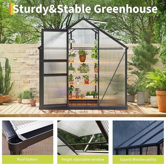 6×6FT Polycarbonate Greenhouse for Outdoors Large Walk in Green House Kit and Winter Garden Planting Enhanced Aluminum Green Houses for Outside to Protect Vegetables or Plants