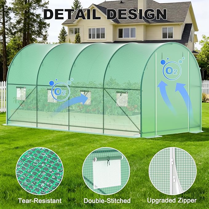 Greenhouses for Outdoors Walk-in Green Houses for Outside Heavy Duty Large Greenhouse with 8 Ventilated Screen Windows &amp 2 Roll-up Doors &amp Reinforced Frame (15×7×7 FT with Irrigation System)