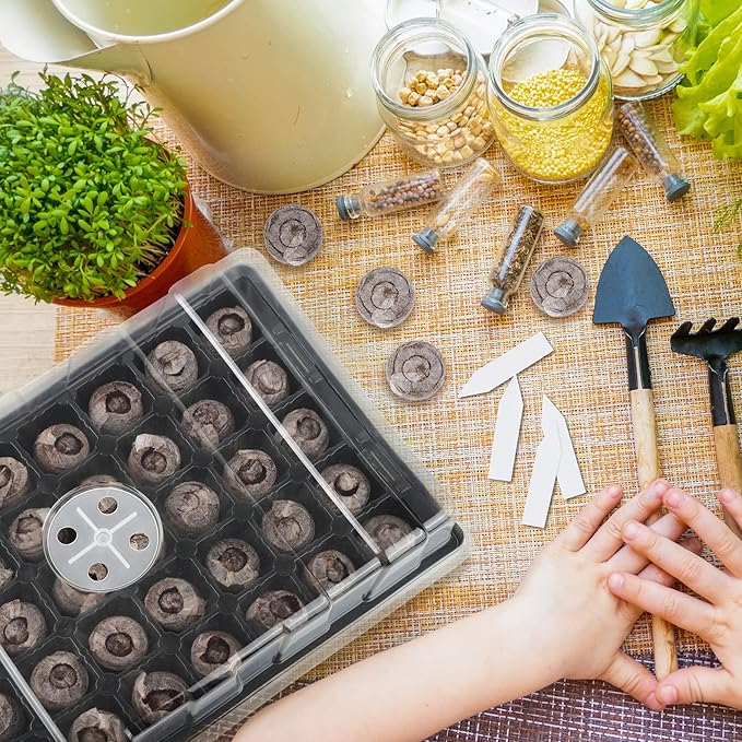 3 Pack Seed Starter Tray Kit 120-Cells Germination Starter Tray with Humidity Dome and Base Including 120 Peat Pellets Plant Labels Tool Plastic Plant Growing Tray for Garden Planting Black