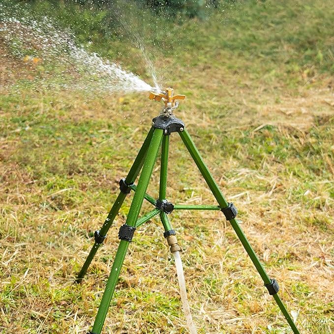 Hourleey Impact Sprinkler on Tripod Base Heavy Duty Brass Sprinklers for Yard Lawn Garden 0-360 Degree Large Area Coverage 3/4 Inch Connector Extension Legs Flip Locks with Brass Sprinkler Head
