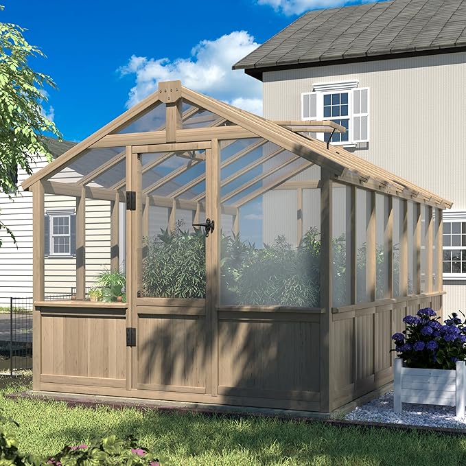 VEIKOU 8x14 FT Greenhouses for Outdoors Walk-in Wooden Greenhouse with Cedar Frame &amp Adjustable Vents Garden Green House with 6MM Thick Polycarbonate Panel for Outside Backyard Light Brown Moc