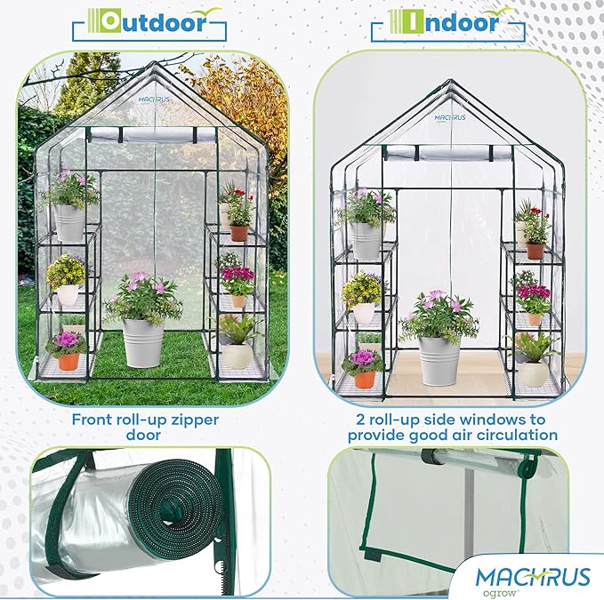 Machrus Ogrow Deluxe Walk-in Greenhouse with 3 Tiers and 12 Shelves - Clear Cover