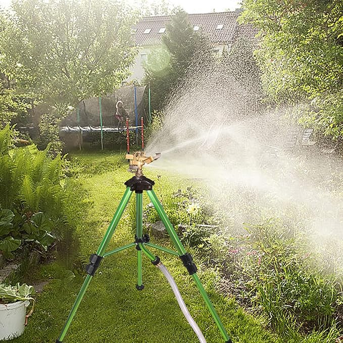 Triumpeek Impact Sprinkler on Tripod Base with Stakes 360 Degree Large Area Coverage Irrigator with Extension Legs Adjustable Brass Sprinkler Head Nozzle and 3/4 NH Inlet Hose Connection (1)