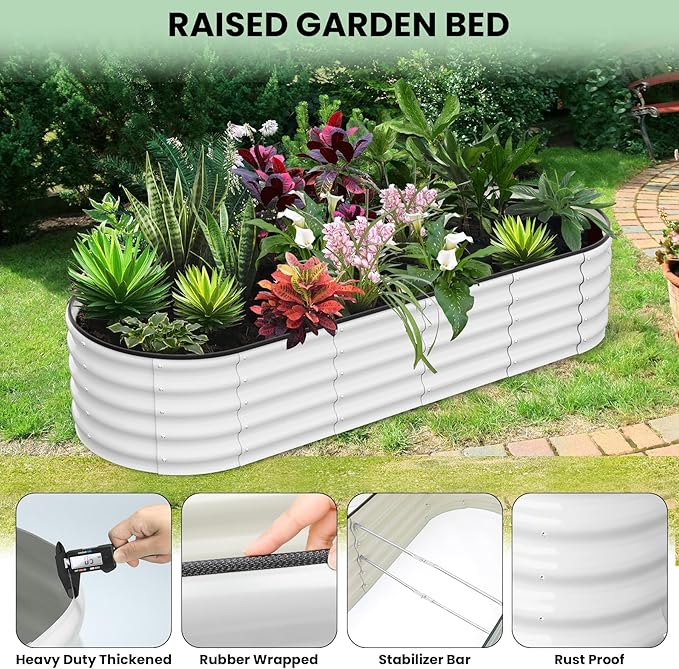 Raised Garden Bed8x2x1ft Large Outdoor Planter Boxes Kit with Galvanized Steel Open-Ended Base Design Elevated Planter for Outdoor Plants Durable Raised Bed for GardeningWhite