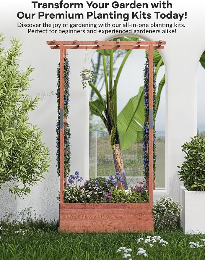 72 Wooden Raised Garden Bed with Trellis - Elevated Planter Box with Hanging Roof 2 Side Trellises &amp 4 Drainage Holes - Freestanding for Climbing Plants Vines Vegetables -Patio Balcony Backy