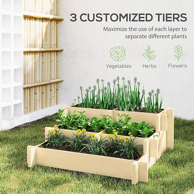 Outsunny 3-Tier Raised Garden Bed with 5 Compartments and Bed Liner Fir Wood Elevated Planter Box for Vegetables Herbs Outdoor Plants 37 x 37 x 14in Natural