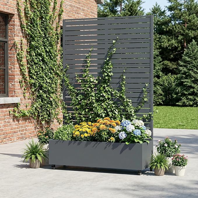 Casaphoria Metal Raised Garden Bed with Trellis and Wheels 72x47x16 Planter Box for Climbing Plants Vegetables &amp Vines Features Drainage Holes and Privacy Screen Drakgrey-Louvered