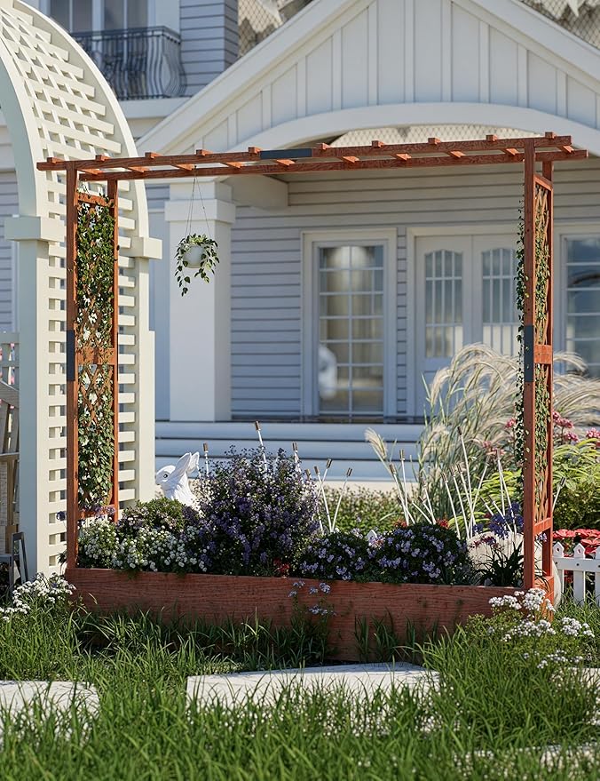 Large Raised Wooden Planter with Arch &amp Side Trellis – Freestanding Garden Bed for Climbing Plants Vines &amp Flowers – Hanging Roof 4 Drainage Holes – Outdoor Patio Planter – Size: