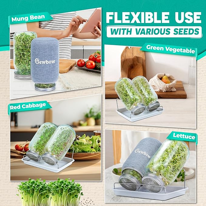 [LARGE SIZE] 2000ml(68oz) Seed Sprouting Mason Jar Kit with StandDrain Tray Screen LidsBlackout SleevesGood Ventilation &amp Drainage CapacityGrowing Fresh Organic Mung BeansBroccoli &amp Micr