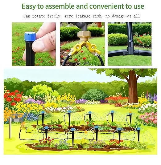 98.4ft Drip Irrigation System Garden Watering Kit with Heavy Duty Solid Brass Splitter 1/4 Tubing Adjustable Emitters DIY Automatic Irrigation for Patio Greenhouse Flower Bed