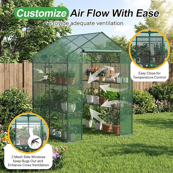 NEWBULIG Walk-in Greenhouse 56.3x56.3x76.7 Outdoor Portable Greenhouse Kit with Thick PE Cover &amp Roll-Up Zipper Door Sturdy Steel Frame with Window for Backyard Patio Garden Green
