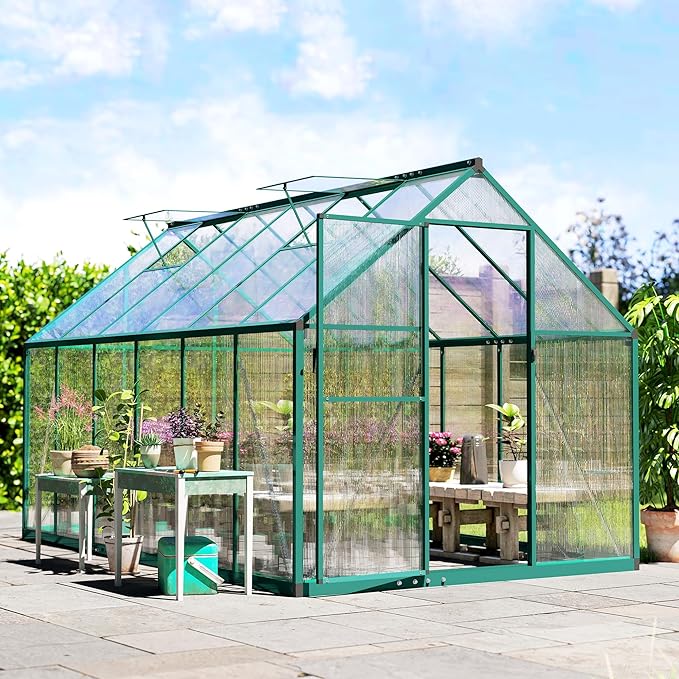 Outsunny 11x6 ft Polycarbonate Greenhouse with Swing Door and Two Adjustable Roof Vents Aluminum Walk-in Greenhouse Outdoor Greenhouse for Patio Garden Backyard Dark Green