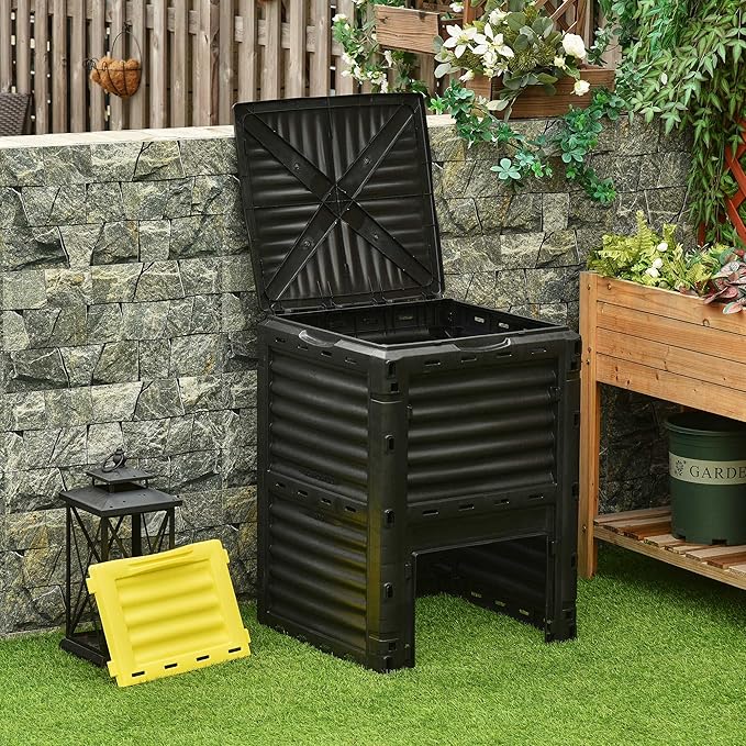 Compost Bin Outdoor 80 Gallon Garden Composter with 48 Vents and Sliding Doors Lightweight Outdoor Compost Box for Garden Kitchen and Yard Waste Black+Yellow