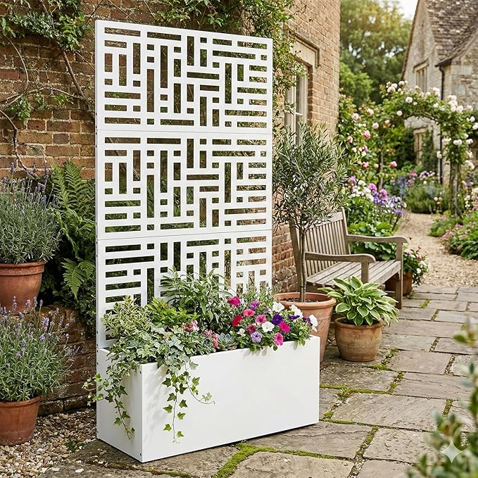 Metal Planter Box with Trellis70 Outdoor Raised Garden BedPrivacy Planters for Patio GardenPlanter Box with Drainage Holes for Climbing Plants (White)