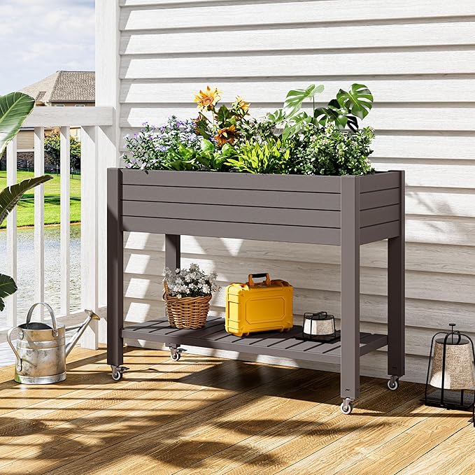 Raised Garden Bed with Wheels Divisible Resin Planter Box with Drainage Gauge &amp Storage Shelf Herb Planter for Garden Patio Backyard Gray (33.7 h)