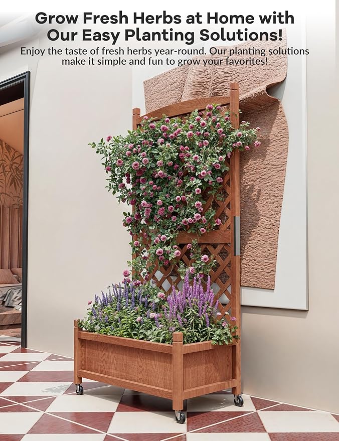 29.5x13x61.5 Inch Raised Garden Bed with Trellis &amp Wheels Standing Vertical Horticulture Planter Box for Climbing Plants Vegetables Planters with Drainage Holes 2 PC