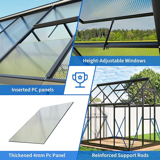 WKM 5.8x7.3 FT Greenhouse for Outdoors Quick-fit Structure Polycarbonate Greenhouse with Window for Ventilation Walk-in Aluminum Green House for Outside Garden Backyard Black