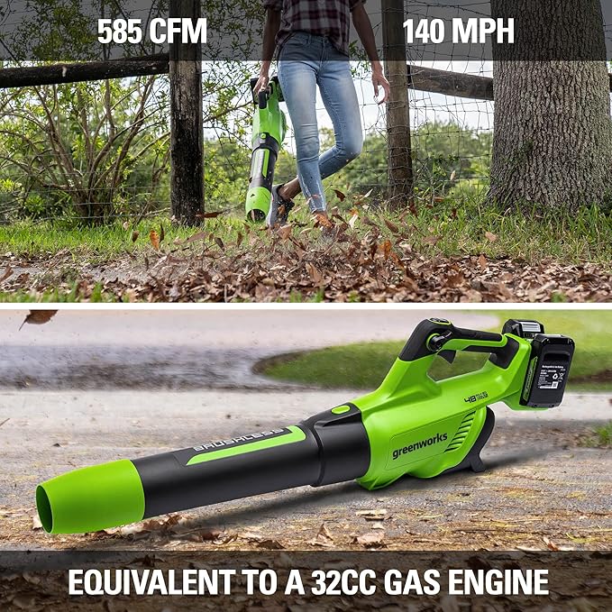 Greenworks 48V (24V x 2) Cordless Brushless Axial Leaf Blower (140 MPH / 585 CFM / 200+ Compatible Tools) (2) 4.0Ah Batteries and Dual Port Rapid Charger Included