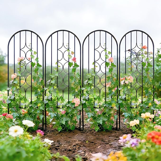4 Pack Arched Metal Garden Trellis for Climbing Plants 45 H x 15.9 W Rustproof Iron Trellis with Decorative Scrollwork Perfect for Roses Vines and Flower Beds