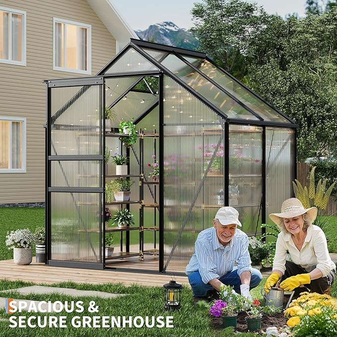 6x4FT Greenhouse for Outdoors Walk-in Polycarbonate Greenhouse with Sliding Door Adjustable Roof Vent &amp Gutter System Portable Outdoor Green House Kit for Winter Gardening