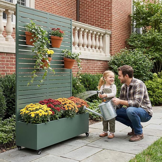 Casaphoria Metal Raised Garden Bed with Trellis and Wheels 72x47x16 Planter Box for Climbing Plants Vegetables &amp Vines Features Drainage Holes and Privacy Screen Drak Green-Louvered