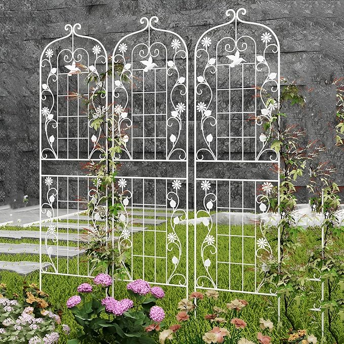 6.1x1.6ft Wrought Iron Metal Garden Trellis for Climbing Plants Indoor/Outdoor Rust Proof Potted Plant Support Weather-Proof Cucumber Fence(White3pcs X 50X185cm)