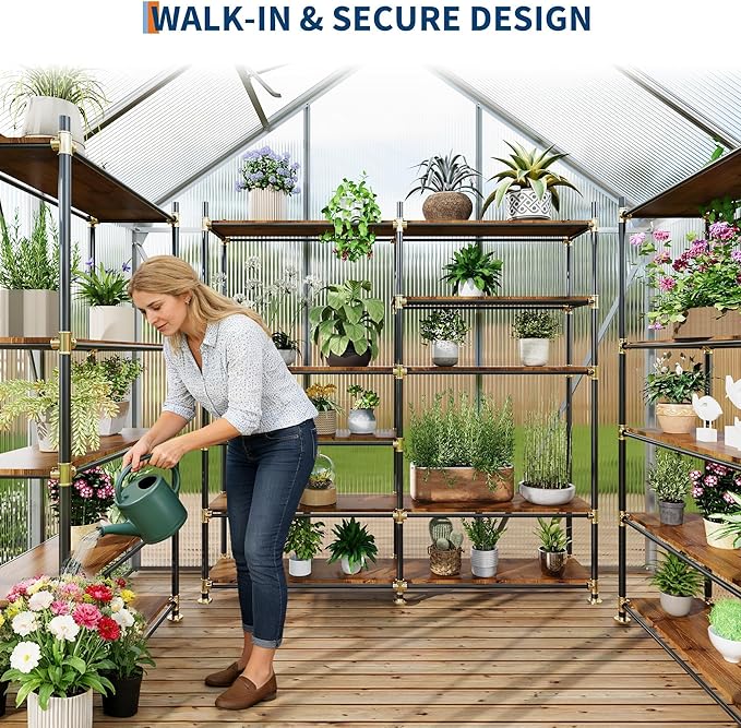 6x4FT Greenhouse for Outdoors Walk-in Polycarbonate Greenhouse with Sliding Door Adjustable Roof Vent &amp Gutter System Portable Outdoor Green House Kit for Winter Gardening