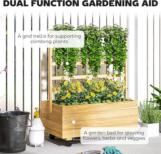 Outsunny Raised Garden Bed with Trellis and Wheels Outdoor Wooden Elevated Planter Box Freestanding Raised Flower Bed for Climbing Plants Flowers Herbs and Vegetables Natural