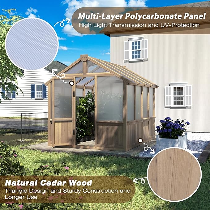 VEIKOU 6' x 8' Wooden Greenhouse for Outdoors with Cedar Frame 6MM Thick Polycarbonate Panel Green House with Adjustable Vent for Outside Garden Backyard Light Mocha Brown