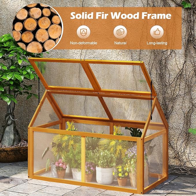 Wood Cold Frame Greenhouse Portable Raised Planter Bed Protection with Transparent Flip-top Roof Small Hot House for Balcony Garden Sunroom Indoor Outdoor (40”x21”x28”)