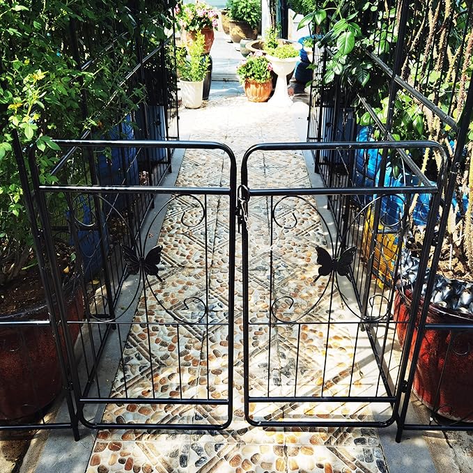 Metal Garden Arch with Gate 79.5'' Wide x 86.6'' High Climbing Plants Support Rose Arch Outdoor Black FU354