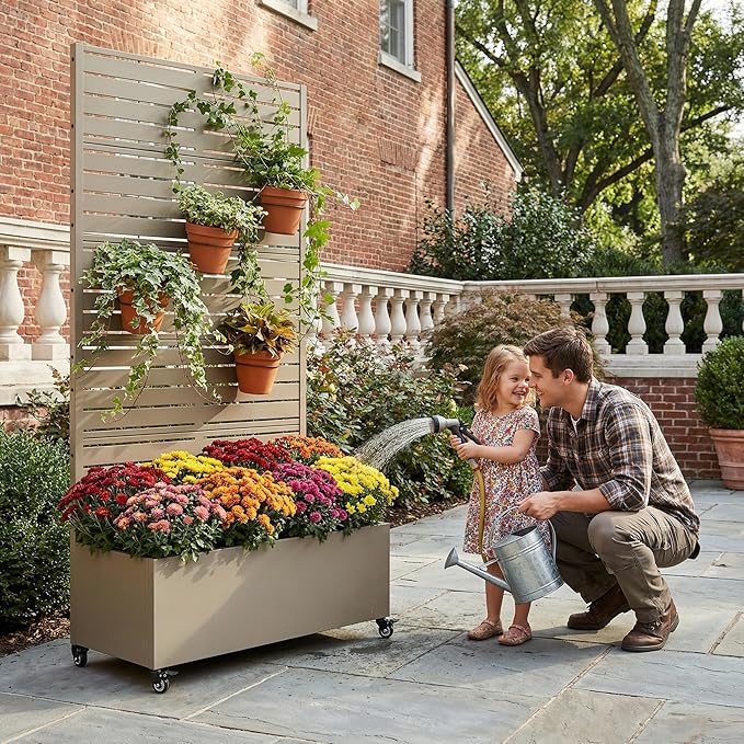 Casaphoria Metal Raised Garden Bed with Trellis and Wheels 72x35x16 Planter Box for Climbing Plants Vegetables &amp Vines Features Drainage Holes and Privacy Screen Green-Louvered