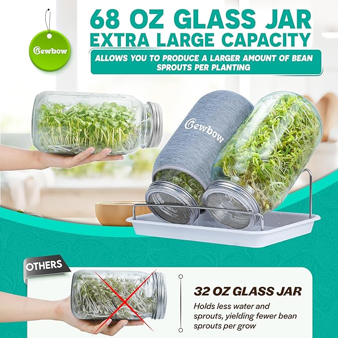 [LARGE SIZE] 2000ml(68oz) Seed Sprouting Mason Jar Kit with StandDrain Tray Screen LidsBlackout SleevesGood Ventilation &amp Drainage CapacityGrowing Fresh Organic Mung BeansBroccoli &amp Micr