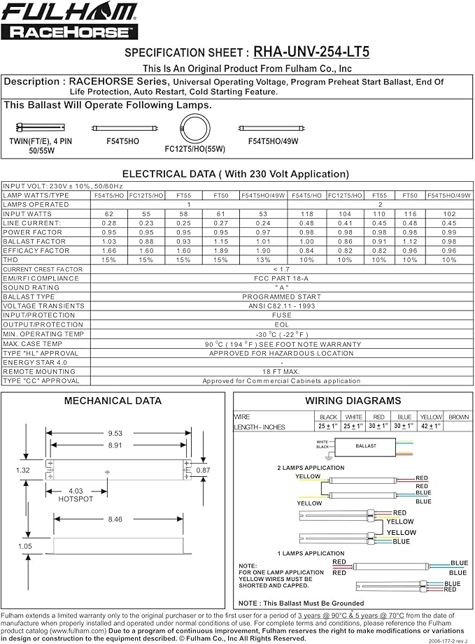 Fulham Lighting Fulham Racehorse Linear Ballast for T5HO RHA-UNV-254-LT5  Black