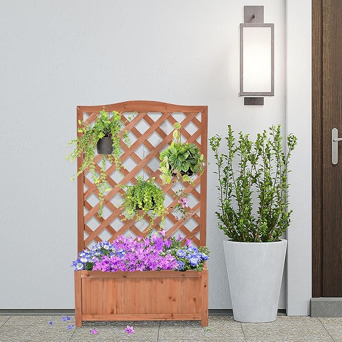 Wooden Raised Garden Bed with Trellis 46 Planter Box to Grow Vegetables Herbs and Flowers for Backyard Patio Brown