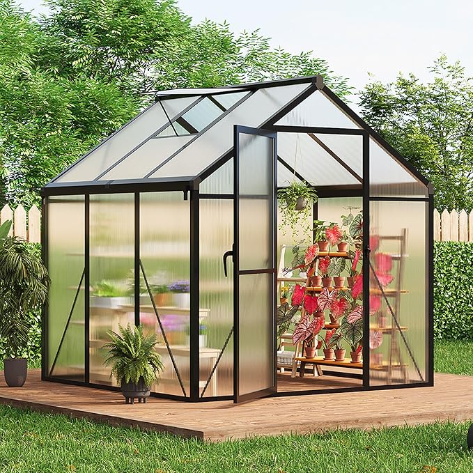 6x6 ft Greenhouse for Outdoors Polycarbonate Greenhouse with Roof Vent Ground Nails Lockable Push Door Aluminum Large Walk-in Green House for Outside Garden Backyard Patio Lawn Black