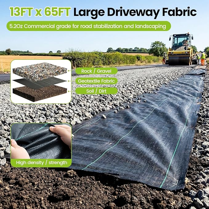 13x65ft Driveway Fabric 5.2OZ Commercial Weed Barrier Fabric Heavy Duty Landscape Fabric Weed Fabric Weed Blocker Fabric for Garden Weed Barrier Road Fabric Construction Project Erosion Control