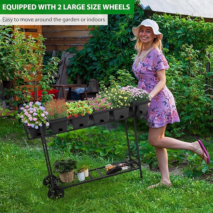 Vrisa Elevated Garden Bed with Shelf 43x17x29 in Outdoor Raised Planter Box with Legs and Wheels Vegetables Herbs Flowers Garden Box with Drain Outlet for Backyard Patio Balcony Grey