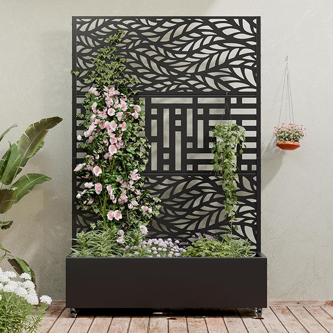 Casaphoria Metal Raised Garden Bed with Trellis and Wheels 72x47x16 Planter Box for Climbing Plants Vegetables &amp Vines Features Drainage Holes and Privacy Screen Black(Spring&ampHelen)