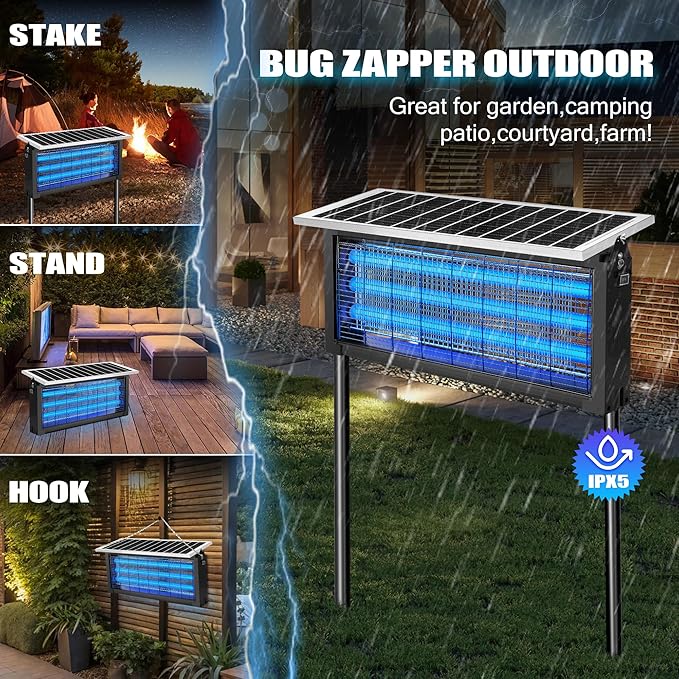 Solar Bug Zapper Outdoor - Mosquito Electric Fly Zapper 30W Waterproof - Cordless Solar Powered Bug Zapper for Patio Garden Backyard RV Camping Pond