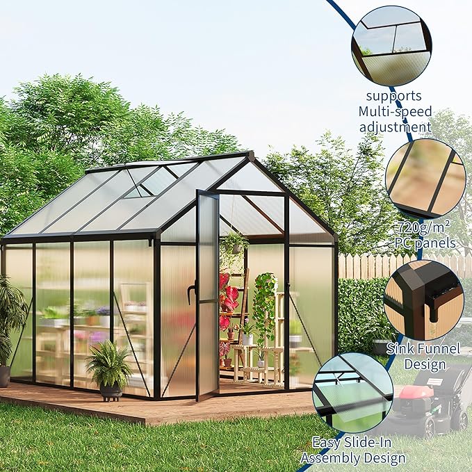 6x8 FT Greenhouse for Outdoors Polycarbonate Greenhouse with Roof Vent Ground Nails Lockable Push Door Aluminum Large Walk-in Green House for Outside Garden Backyard Patio Lawn Black