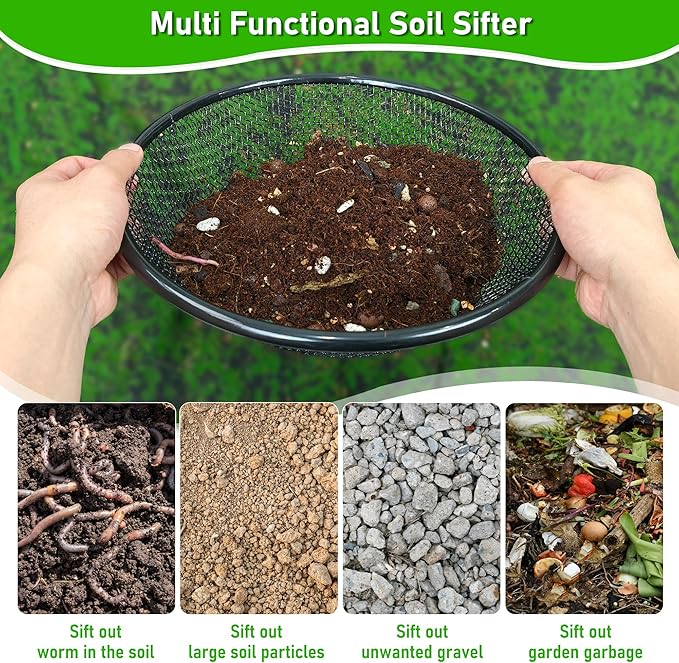 2Pcs 11.8 W Soil Sifter for Gardening 2 4mm Grid Rock Sifter for 5 Gallon Bucket Stainless Steel Fine Dirt Sifter Compost Sifter for Capturing Dirt Sand Rocks and Filtering Compost (Black)