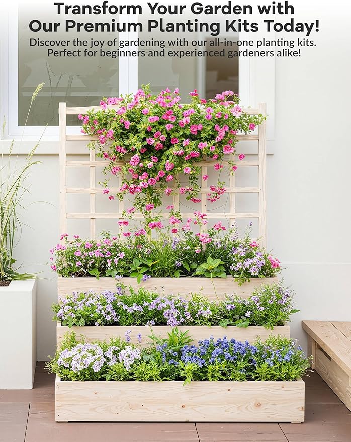 3-Tier Elevated Garden Planter Wooden Vertical Raised Bed with Trellis &amp Drainage Base – Ideal for Climbing Plants Flowers Herbs Vegetables – Outdoor Planter Box for Patio Yard or Lawn