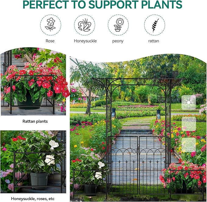 Garden Arbor with Gate and Planter Boxes 79 W x 81 H Metal Garden Arch for Climbing Plants Outdoor Wedding Arches for Ceremony Garden Arbors and Arches for Lawn Patio Backyard