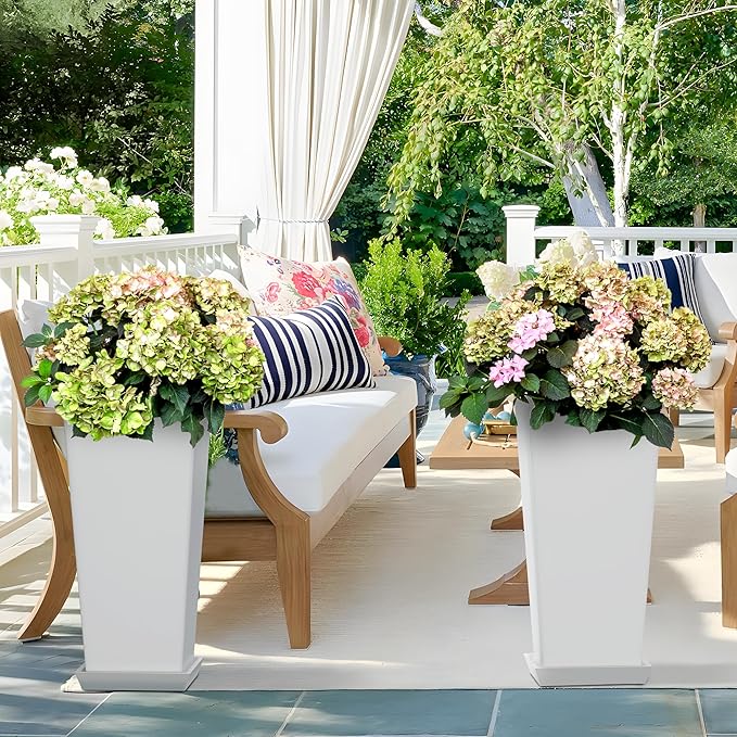 Set of 2 Tall Planters 24 Large Indoor Outdoor Flower Pots with Tray Modern Tapered Planters for Porch Patio Garden Backyard(White)