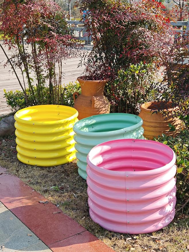 A ANLEOLIFE Kids Mini Raised Garden Beds Outdoor (4-Pack)-24x24x18in Round Galvanized Metal Planter Box for Planting Vegetables Flowers Fruits Eco-Safe &amp Easy Setup Sunlit Gold