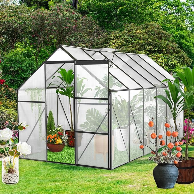 KEIKI 6x12 FT Polycarbonate Greenhouse with Aluminum FrameRaised Base and Roof VentWalk-in Greenhouses for Patio Garden