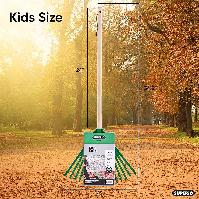 Child-Size Leaf Collector &amp Rake Set – Garden Leaf Scoops and Lawn Cleaning Tools for Kids Includes 1 Rake and 1 Pair of Leaf Grabbers Green Plastic – by Superio