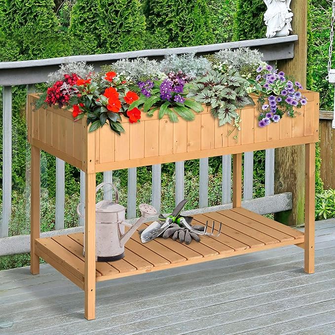 43x18x30in Raised Garden Bed with 8 Pockets and Shelf Wooden Elevated Planter Box with Legs to Grow Herbs Vegetables and Flowers Natural